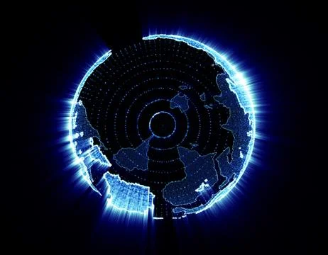 Glowing world map, tech globe and satellite Stock Illustration