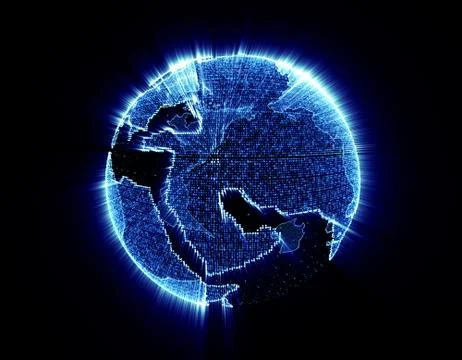 Glowing world map, tech globe and satellite Stock Illustration