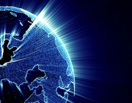 Glowing world map, tech globe and satellite Illustrazione stock