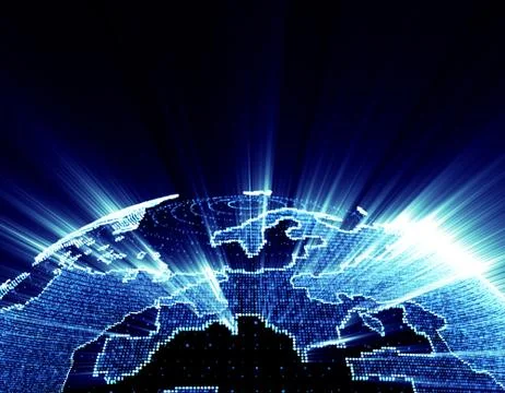 Glowing world map, tech globe and satellite Stock Illustration