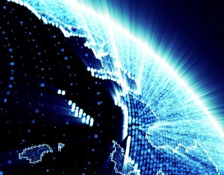 Glowing world map, tech globe and satellite Stock Illustration