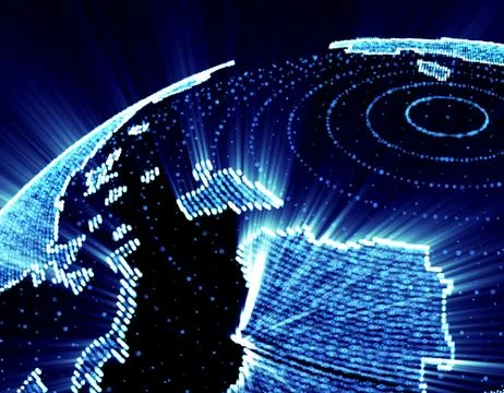 Glowing world map, tech globe and satellite Stockillustratie