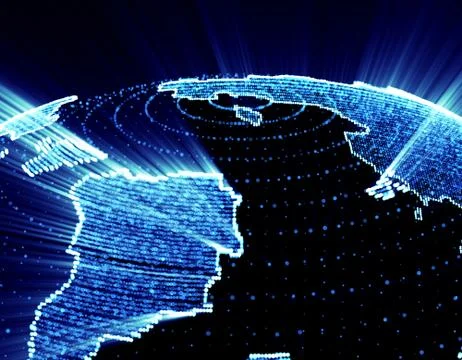 Glowing world map, tech globe and satellite Stock Illustration