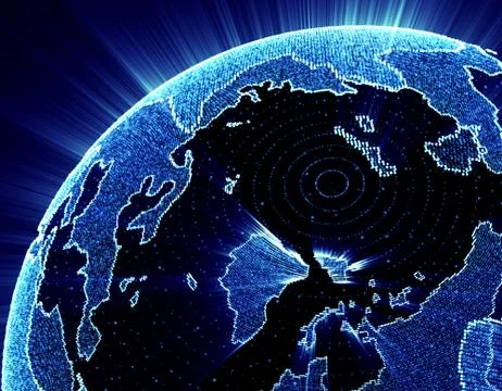 Glowing world map, tech globe and satellite Stock Illustration