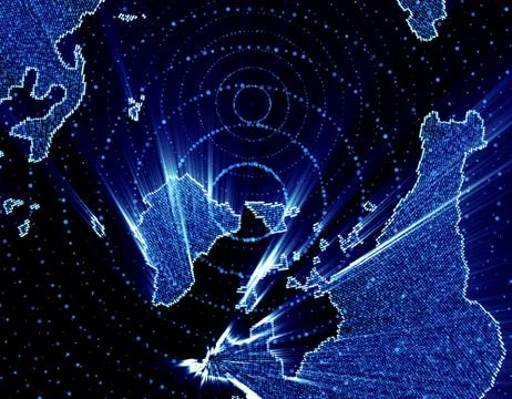 Glowing world map, tech globe and satellite Illustrazione stock