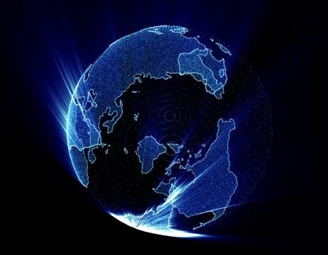 Glowing world map, tech globe and satellite イラスト素材