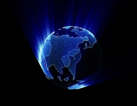 Glowing world map, tech globe and satellite Illustrazione stock
