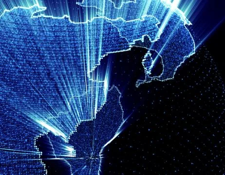 Glowing world map, tech globe and satellite Stock Illustration