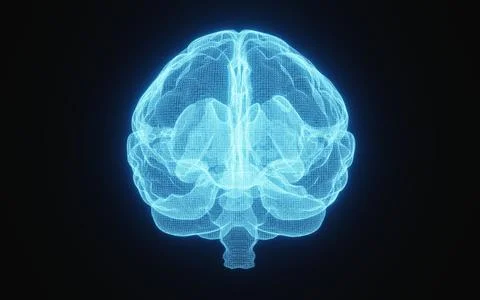 Glowing X-ray image of human brain in blue wireframe on isolated black back.. Stock Illustration