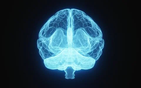 Glowing X-ray image of human brain in blue wireframe on isolated black back.. Stock Illustration