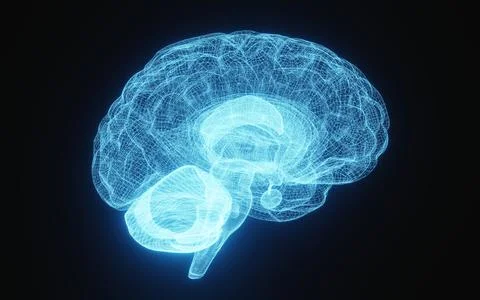 Glowing X-ray image of human brain in blue wireframe on isolated black back.. Stock Illustration