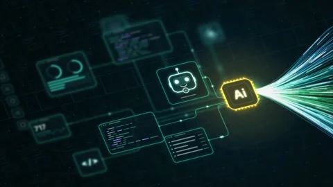Glowing yellow AI chip linked to a chatbot robot icon code panels 動画素材 344557465