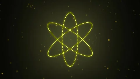 Glowing Yellow Atom Symbol with Orbiting Electrons on a Dark Textured anima.. Stock Footage 330476371