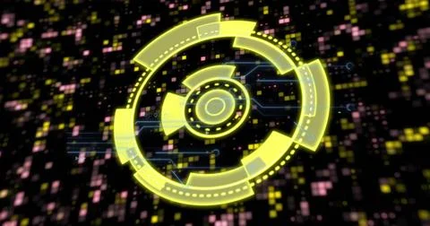 Glowing yellow circular HUD hovering over pixel field, showing rings, blue Illustrazione stock