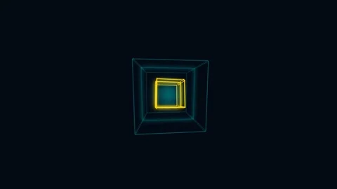 A glowing yellow cube centered inside a translucent blue wireframe pyramid Video stock 335118198