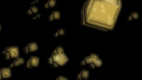 Glowing yellow cubes drifting slowly through dark space. Stockbeeldmateriaal 335424537