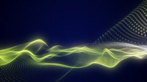Glowing yellow digital particle wave on dark background, representing futur.. Stock Illustration