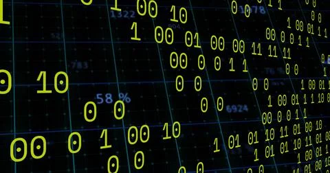 Glowing yellow-green binary digits flowing across central tilted teal-blue grid Stock Illustration