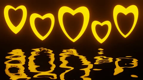Glowing Yellow Hearts With Reflection In Water in a Seamless Loop. Stock Footage 228768622