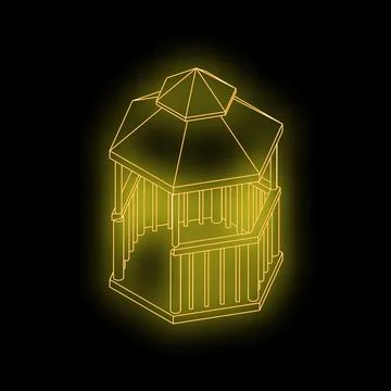 Glowing yellow hexagonal gazebo structure on black background Stock Illustration
