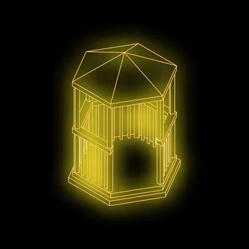 Glowing yellow hexagonal gazebo wireframe on black background Stock Illustration