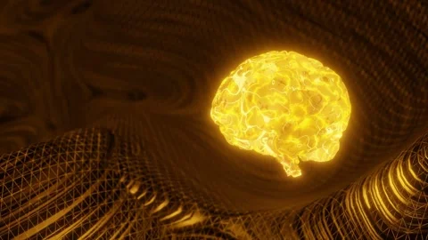 Glowing yellow human brain above abstract digital mesh background. Artificial Stock Footage 311006480