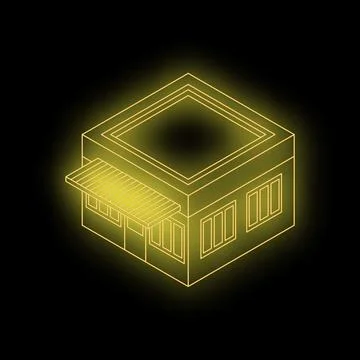 Glowing yellow isometric store building on black background Ilustración de archivo