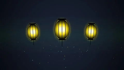 Glowing Yellow Lanterns Floating in Dark Night Sky with Stars Stock Footage 348571966