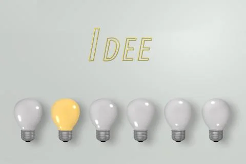 Glowing yellow light bulb under dark light bulbs with german text idea. Stock Illustration