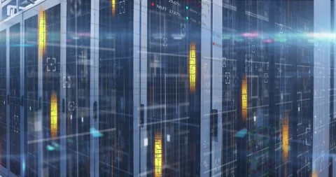 Glowing yellow lights and data processing over computer server room Stock Footage 329368664