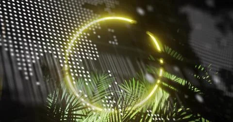 Glowing yellow neon arc casting light across dark set, with dotted grid panel, Stock Illustration