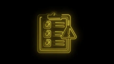 Glowing yellow neon checklist with completed tasks and a prominent warning sign Stock Footage 333963494