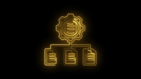 Glowing yellow neon data processing gear connected to multiple document ico.. Stock Footage 346122970