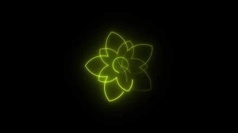 Glowing yellow neon flower shape on black background Stock Footage 345199390
