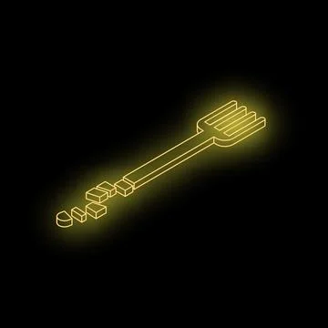Glowing yellow neon fork breaking down into pixels on black background 스톡 일러스트