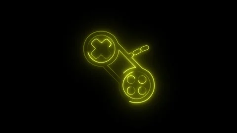 Glowing yellow neon game controller icon on black background Stock Footage 345473987