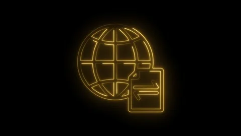 Glowing yellow neon globe icon with data transfer symbol on black background Stock Footage 333958121