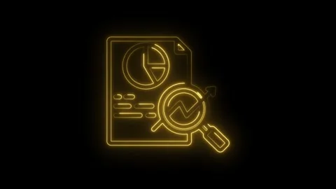 Glowing Yellow Neon Icon of Document Analysis Magnifying Glass Chart Data Report Stock Footage 333961109
