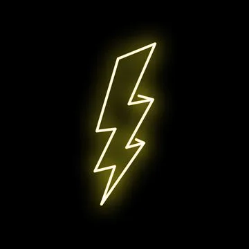 Glowing yellow neon lightning bolt symbol on black background Stock Illustration