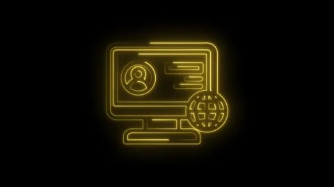 Glowing yellow neon outline of a computer screen displaying a user profile icon Stock Footage 333959650