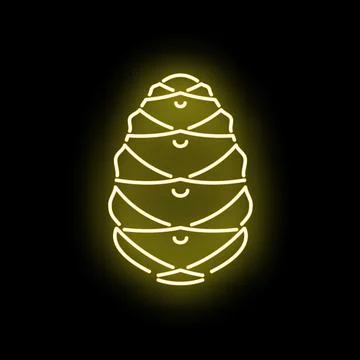Glowing yellow neon pine cone icon on black Stock Illustration