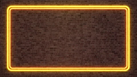 Glowing Yellow Neon Rectangular Frame Flickering on Dark Brick Wall Background Stock Footage 341461852