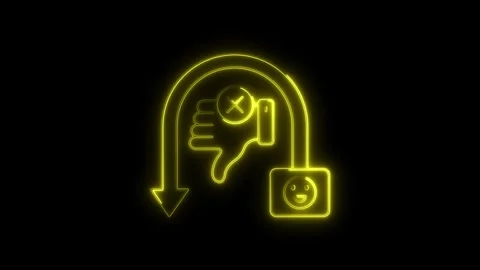 Glowing yellow neon thumbs down icon with cross symbol and arrow pointing d.. Stock Footage 314709021