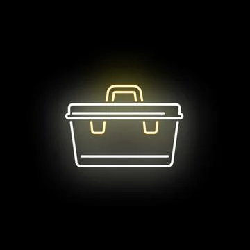 Glowing yellow neon toolbox icon on dark background Stock Illustration