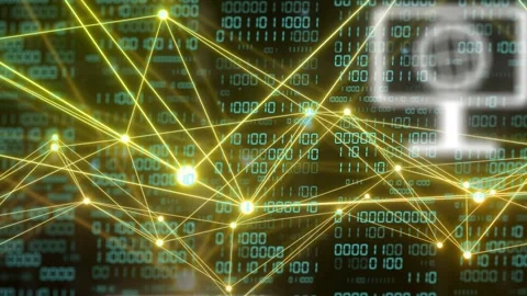 Glowing yellow node mesh starting on pulsing nodes, growing links, fading icons, Stock Footage 334351832