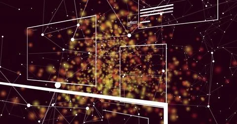 Glowing yellow-orange particle cloud pulsing and overlaying white nodes and m Illustrazione stock