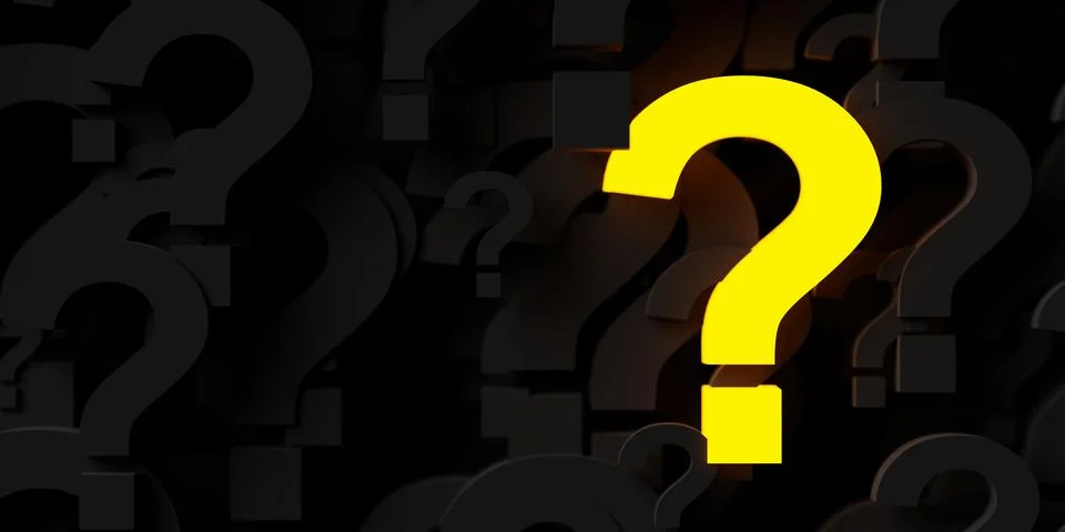 Glowing yellow question mark with black question marks floating with select.. Stockillustratie
