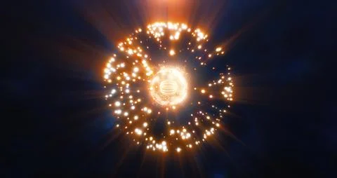 Glowing yellow sphere of light particles on a dark background, symbolizing .. Stock Photos