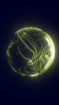 Glowing yellow sphere made of flowing light trails on a dark background, sy.. Illustrazione stock