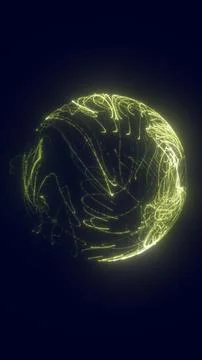 Glowing yellow sphere made of flowing light trails on a dark background, sy.. Stock Illustration